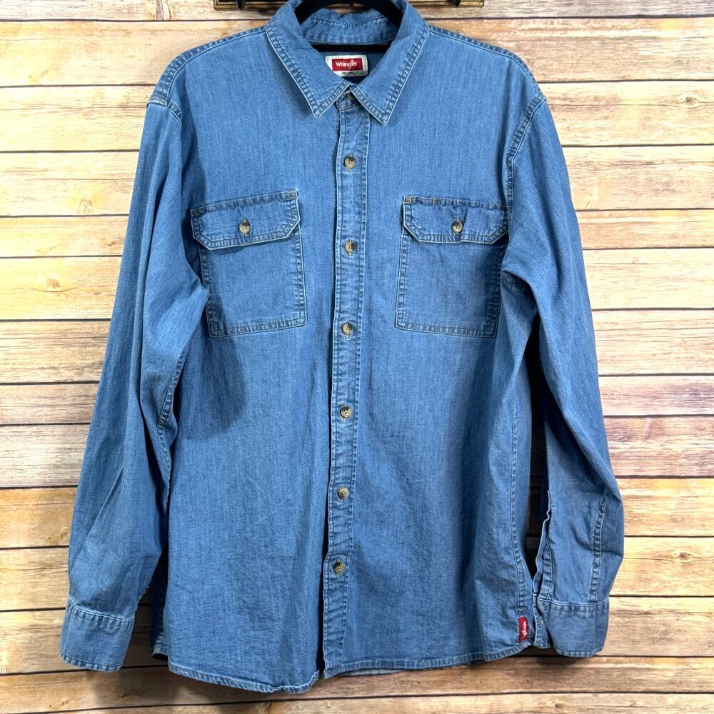 Wrangler Womens Denim Blue Jean Long Sleeve Button Up Front Pocket Shirt L